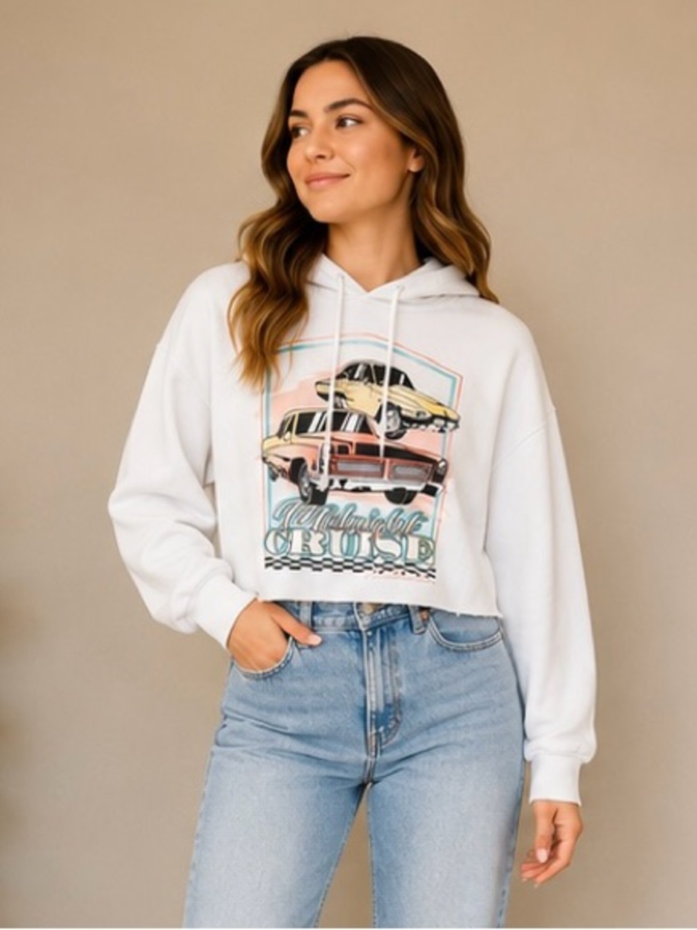 Hollister Midnight Cruise Cropped Hoodie Women’s Large White Retro Sweatshirt